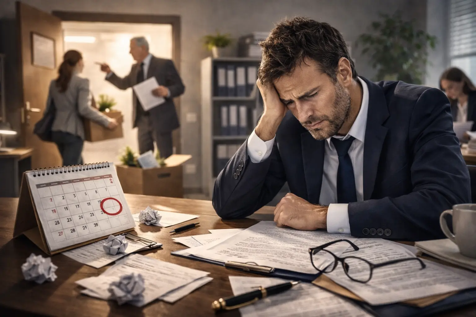 реалистичная сцена офисного стресса перед подачей иска по трудовому спору