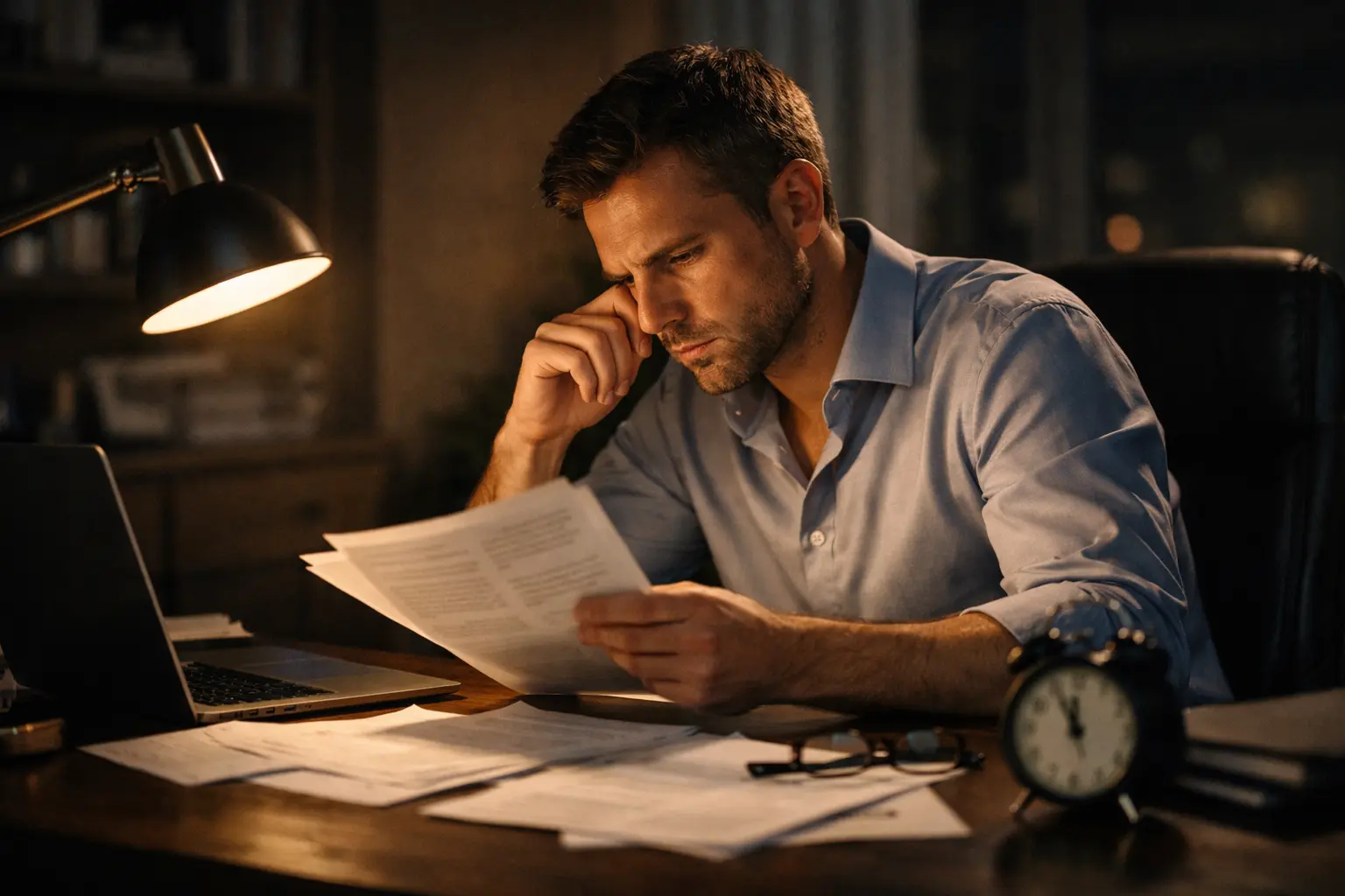 Фотореалистичная сцена анализа документов в вечернем кабинете, отражающая срочность обращения в суд по трудовому спору
