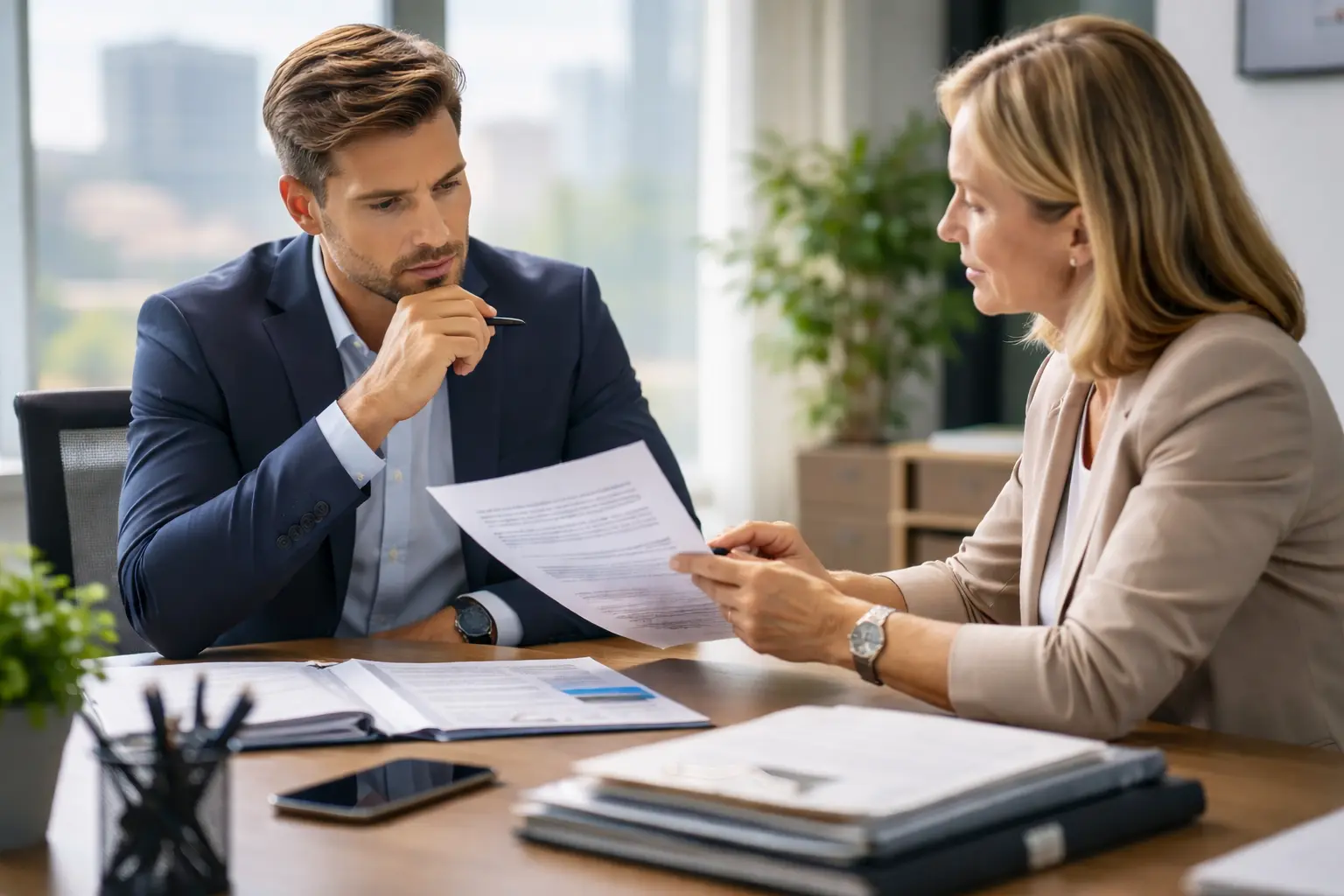 сцена деловой консультации в современном офисе по вопросу трудового спора.